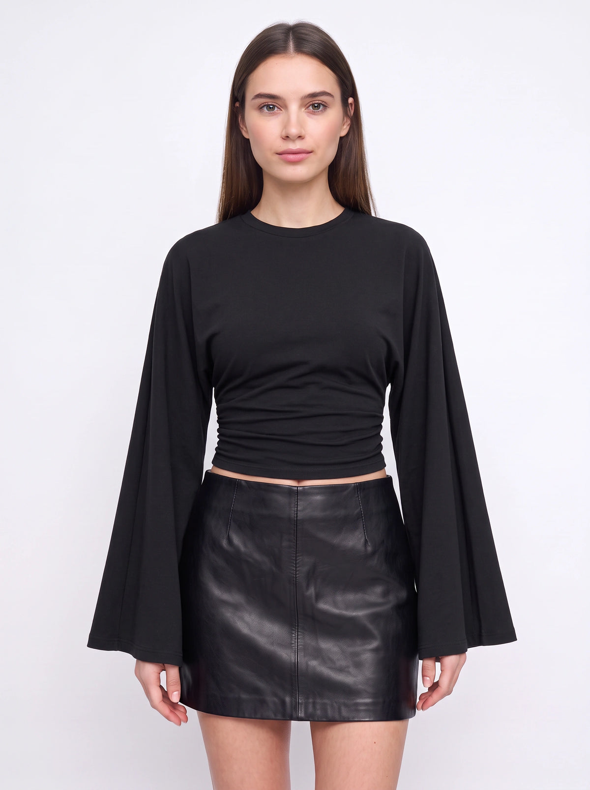 Flarenne Flared Sleeve Crop Top – Long Sleeve Crop Top Women Casual Ruched Waist Cropped Shirt