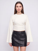 Flarenne Flared Sleeve Crop Top – Long Sleeve Crop Top Women Casual Ruched Waist Cropped Shirt