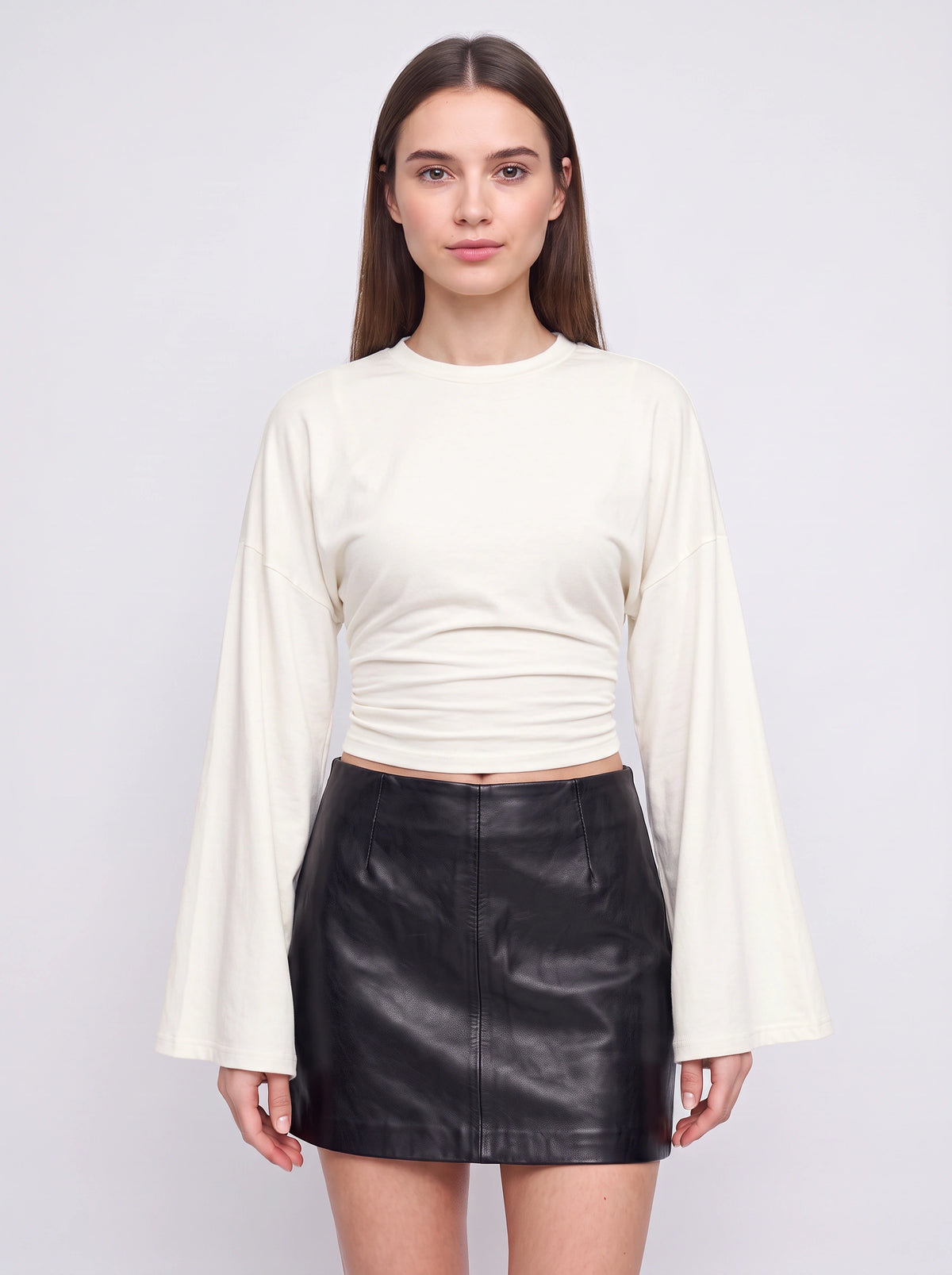 Flarenne Flared Sleeve Crop Top – Long Sleeve Crop Top Women Casual Ruched Waist Cropped Shirt