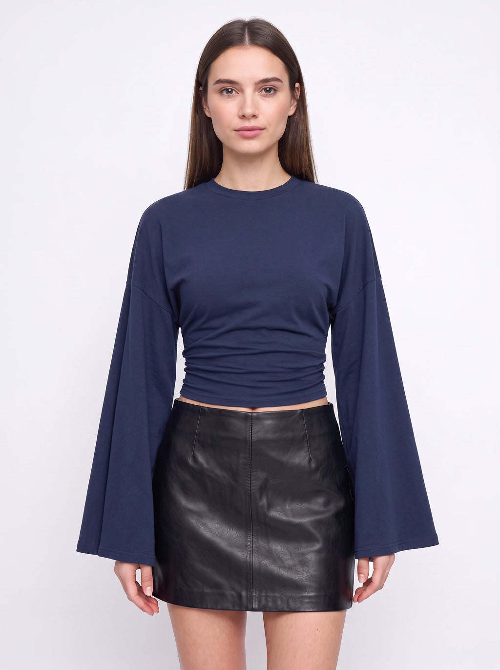 Flarenne Flared Sleeve Crop Top – Long Sleeve Crop Top Women Casual Ruched Waist Cropped Shirt