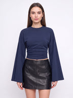 Flarenne Flared Sleeve Crop Top – Long Sleeve Crop Top Women Casual Ruched Waist Cropped Shirt