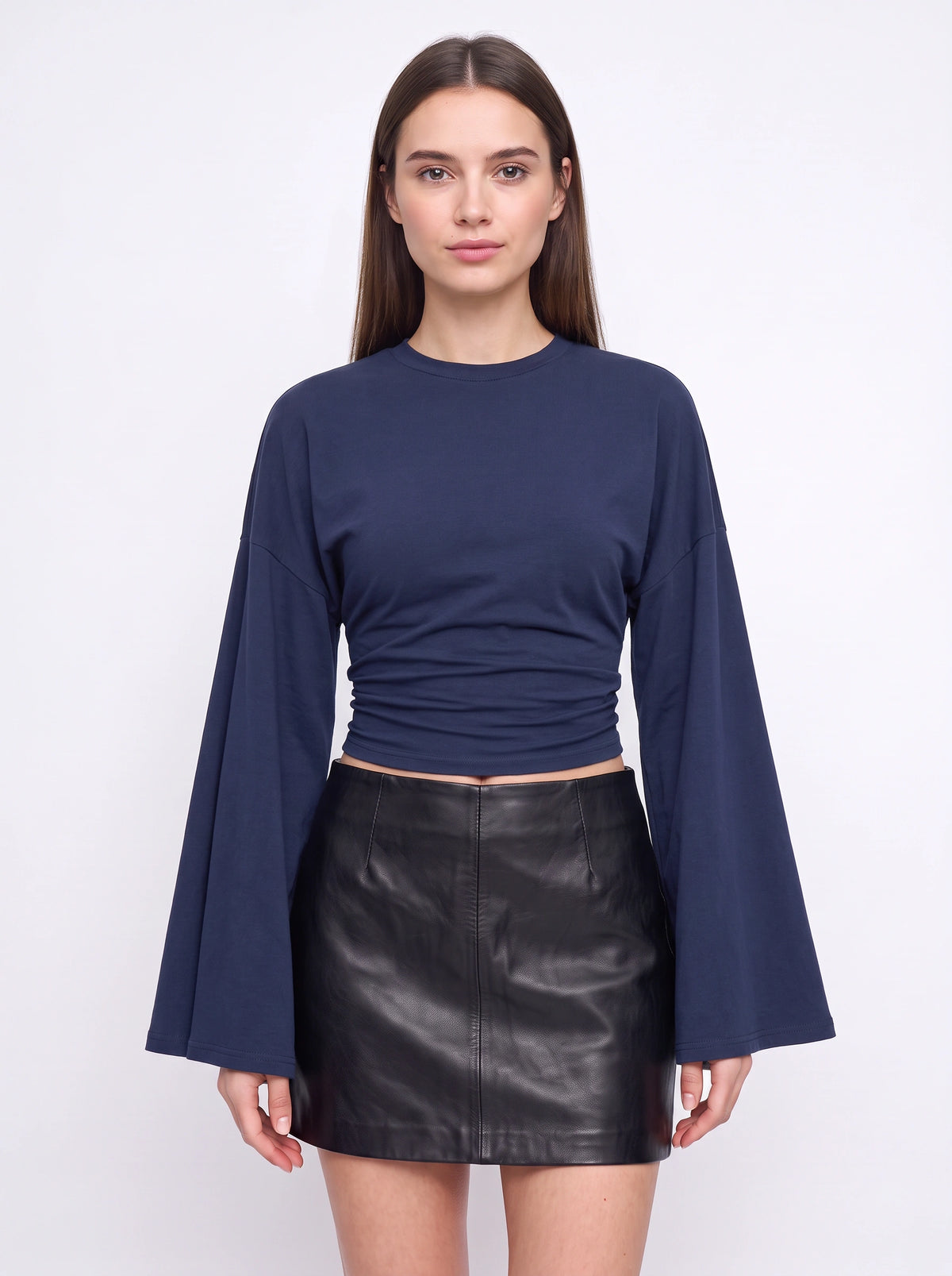 Flarenne Flared Sleeve Crop Top – Long Sleeve Crop Top Women Casual Ruched Waist Cropped Shirt