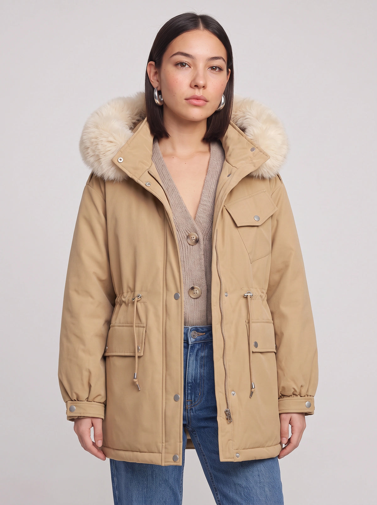 Furodyn Faux Fur Hood Parka Jacket – Women Winter Down Filled Belted Longline Casual Parka Coat