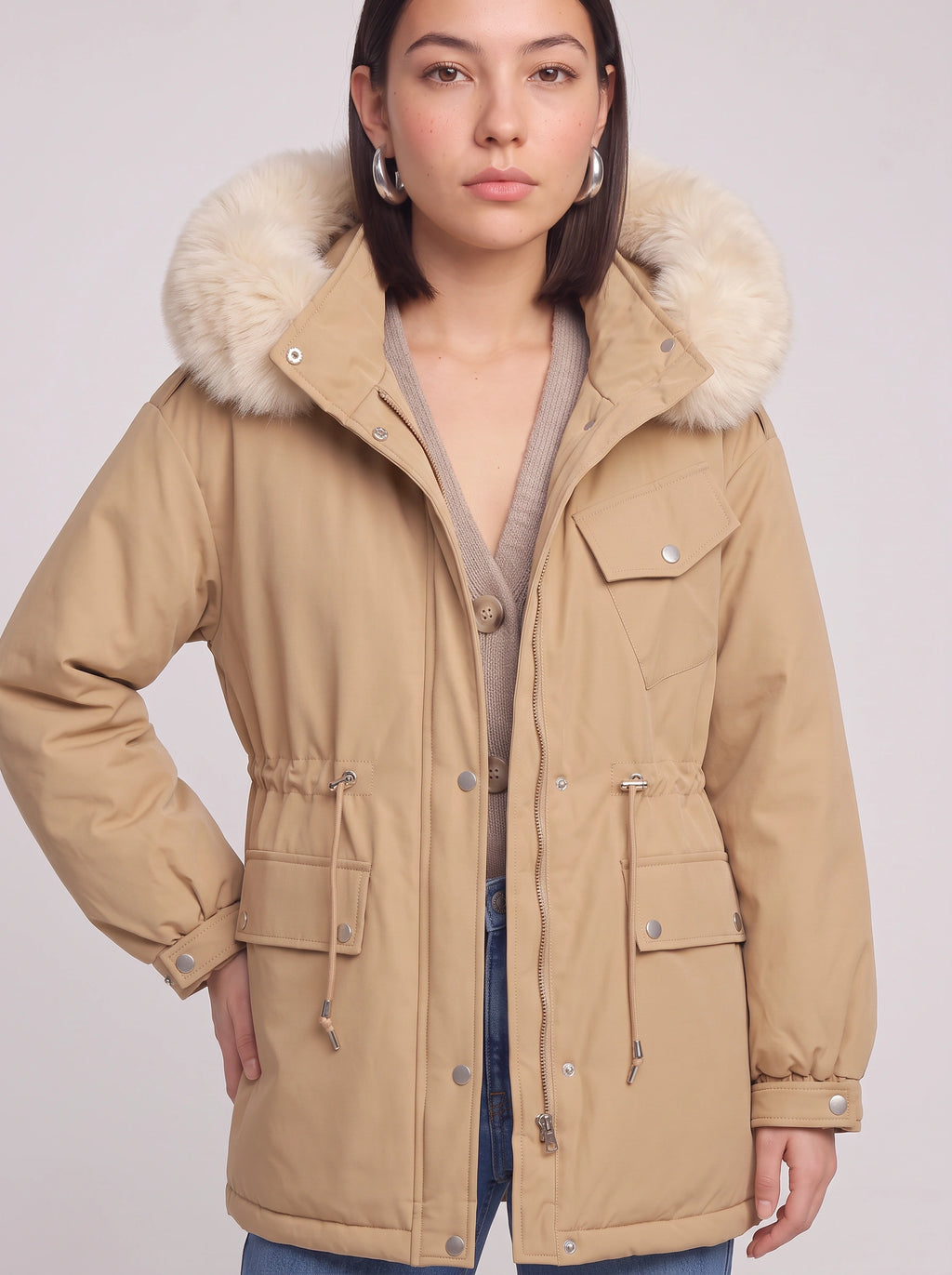 Furodyn Faux Fur Hood Parka Jacket – Women Winter Down Filled Belted Longline Casual Parka Coat