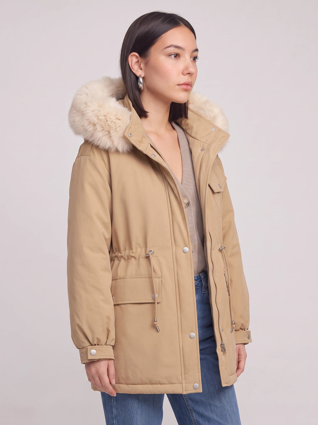 Furodyn Faux Fur Hood Parka Jacket – Women Winter Down Filled Belted Longline Casual Parka Coat