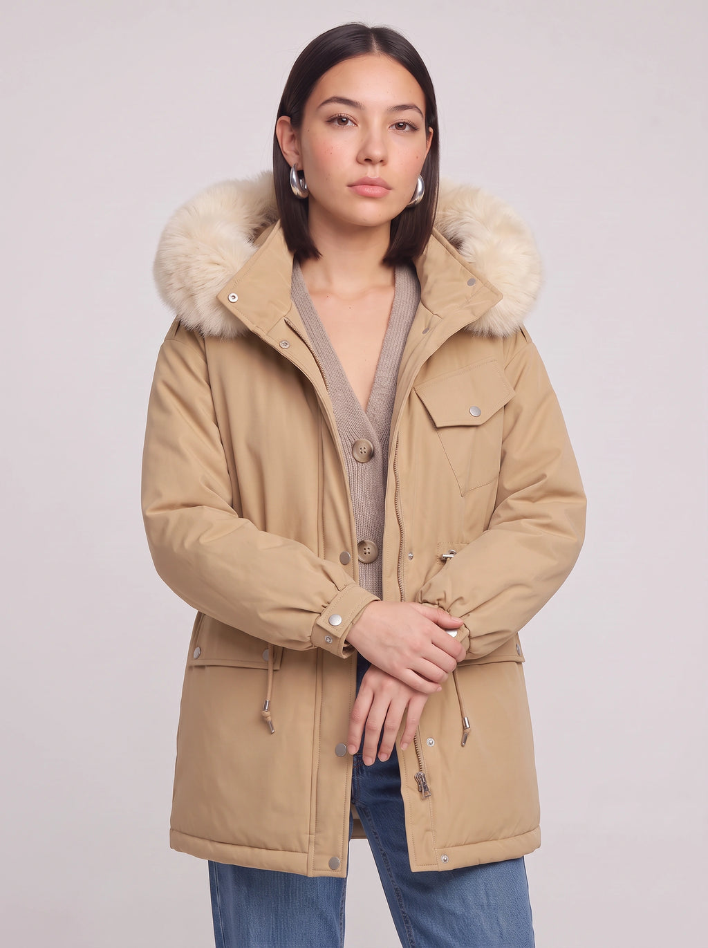 Furodyn Faux Fur Hood Parka Jacket – Women Winter Down Filled Belted Longline Casual Parka Coat