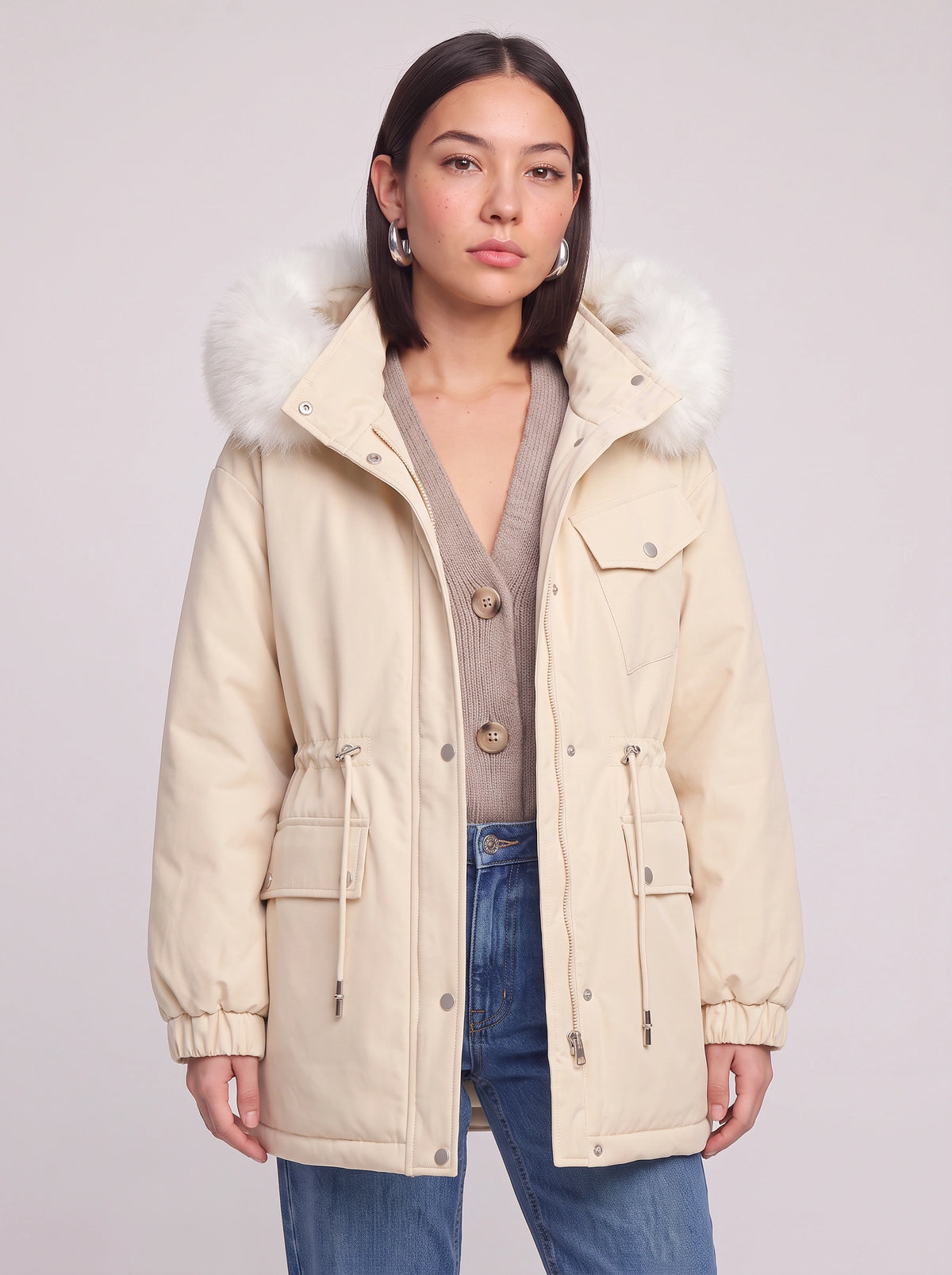 Furodyn Faux Fur Hood Parka Jacket – Women Winter Down Filled Belted Longline Casual Parka Coat
