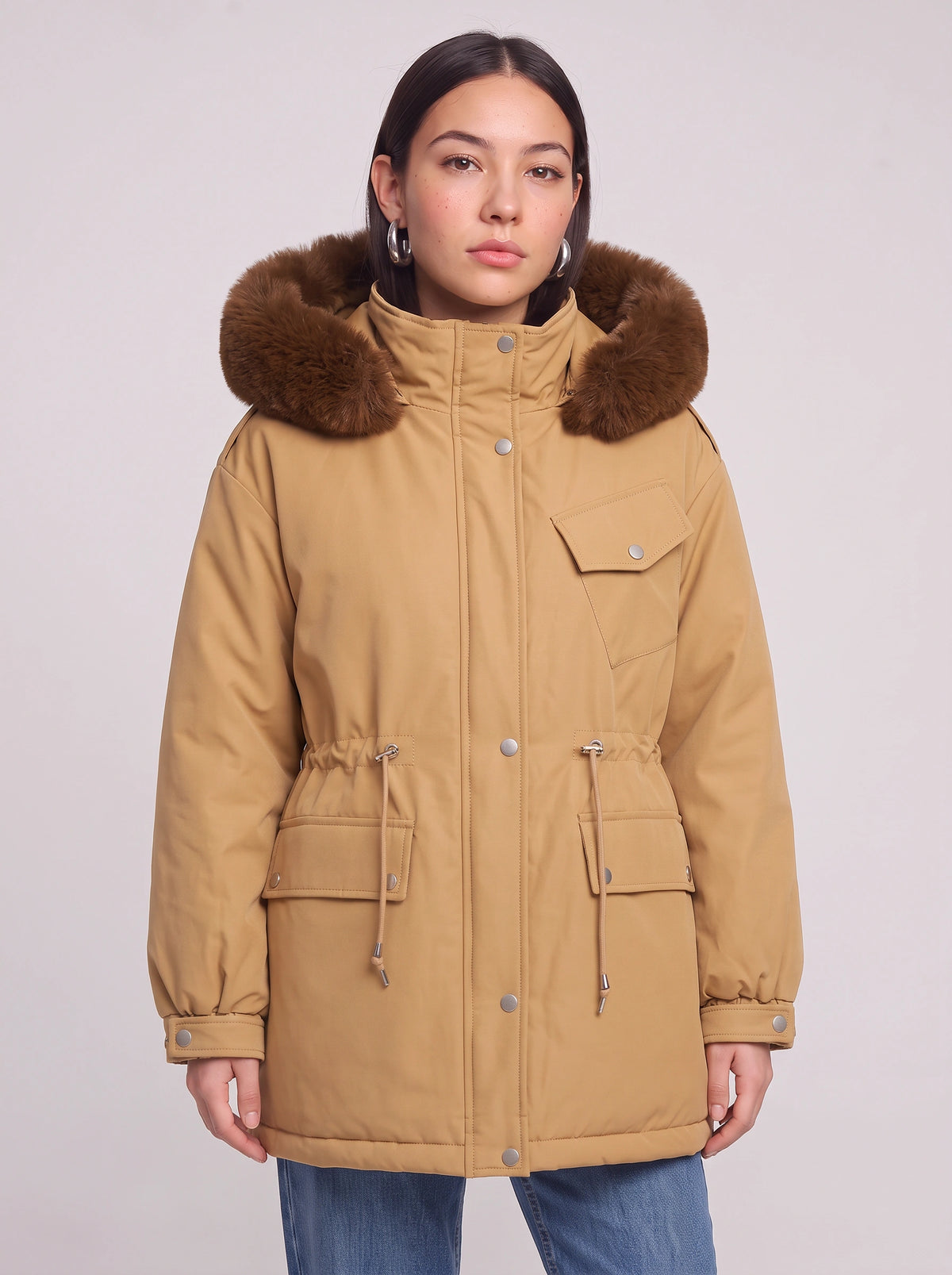 Furodyn Faux Fur Hood Parka Jacket – Women Winter Down Filled Belted Longline Casual Parka Coat