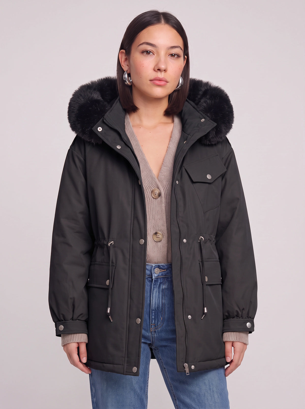 Furodyn Faux Fur Hood Parka Jacket – Women Winter Down Filled Belted Longline Casual Parka Coat