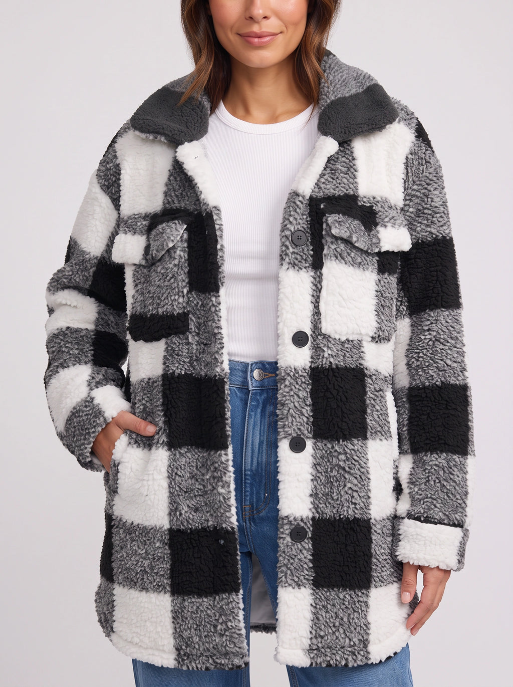 Patchlek Longline Wool Coat – Check Wool Coat Women Casual Smart Winter Oversized Ladies Coat