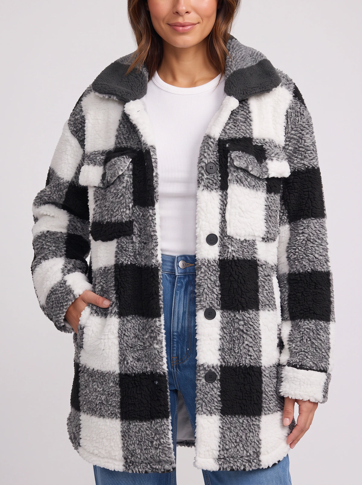 Patchlek Longline Wool Coat – Check Wool Coat Women Casual Smart Winter Oversized Ladies Coat