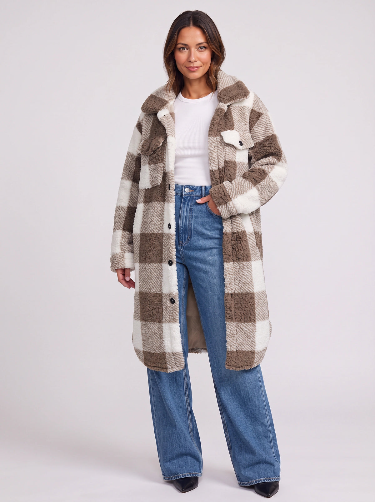 Patchlek Longline Wool Coat – Check Wool Coat Women Casual Smart Winter Oversized Ladies Coat
