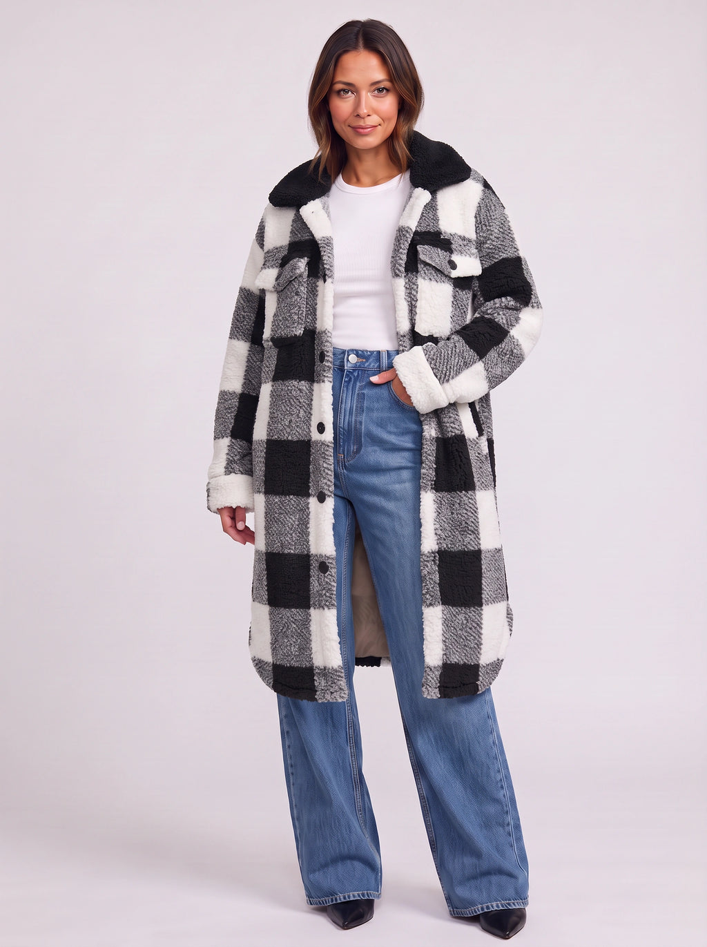 Patchlek Longline Wool Coat – Check Wool Coat Women Casual Smart Winter Oversized Ladies Coat