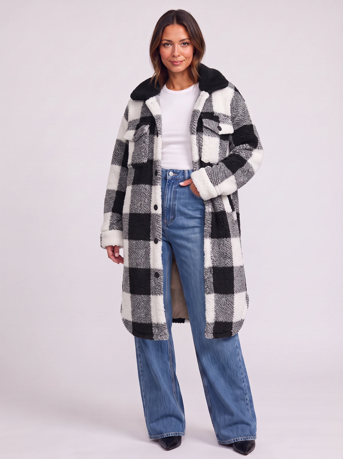 Patchlek Longline Wool Coat – Check Wool Coat Women Casual Smart Winter Oversized Ladies Coat