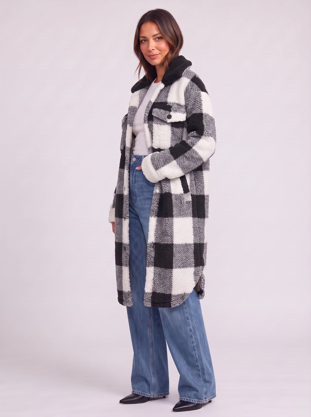 Patchlek Longline Wool Coat – Check Wool Coat Women Casual Smart Winter Oversized Ladies Coat