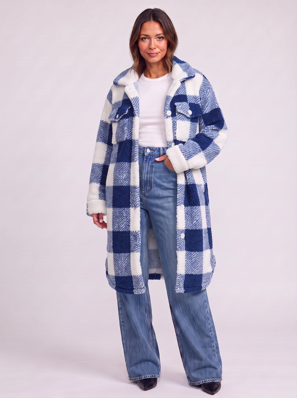 Patchlek Longline Wool Coat – Check Wool Coat Women Casual Smart Winter Oversized Ladies Coat