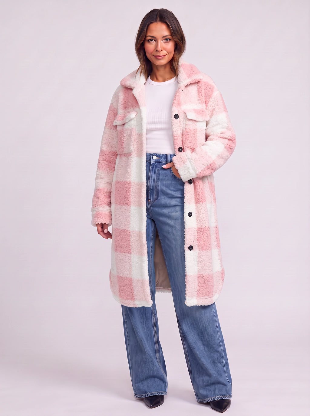 Patchlek Longline Wool Coat – Check Wool Coat Women Casual Smart Winter Oversized Ladies Coat