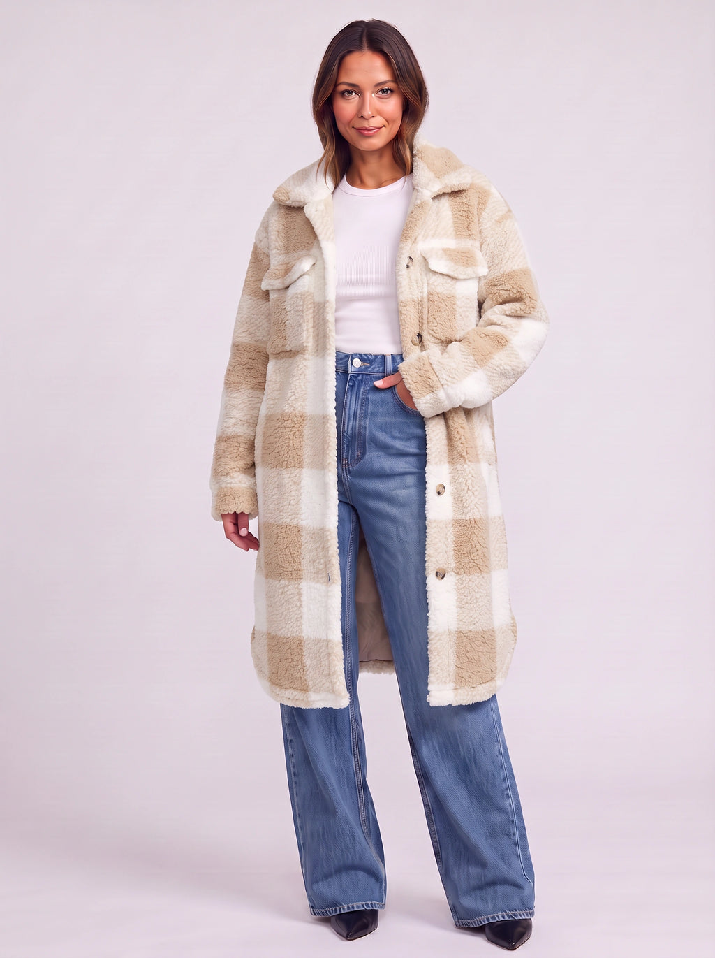Patchlek Longline Wool Coat – Check Wool Coat Women Casual Smart Winter Oversized Ladies Coat