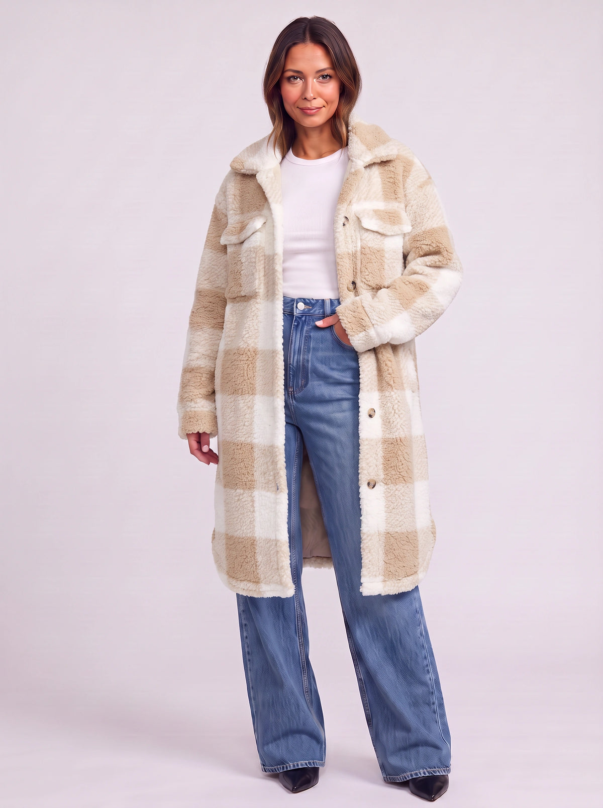 Patchlek Longline Wool Coat – Check Wool Coat Women Casual Smart Winter Oversized Ladies Coat