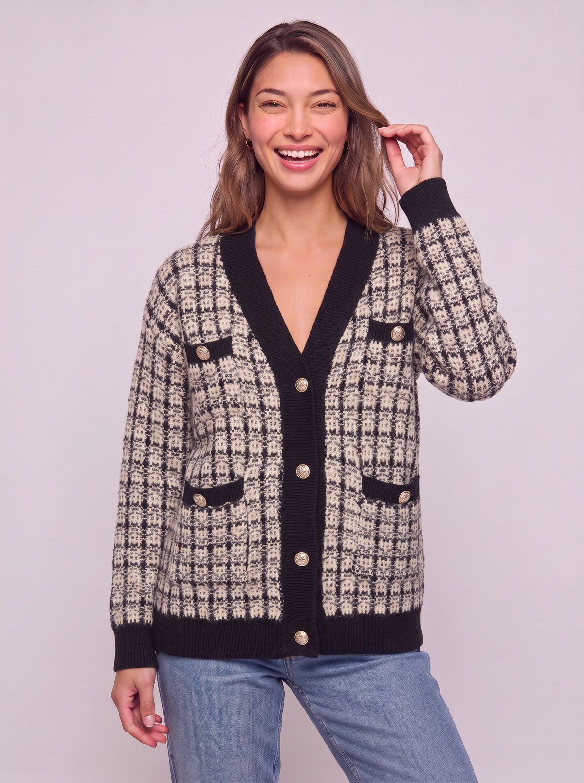 Boutayne Tweed Knit Cardigan – V-Neck Button-Front Women Longline Cardigan Fall Layering Knitwear