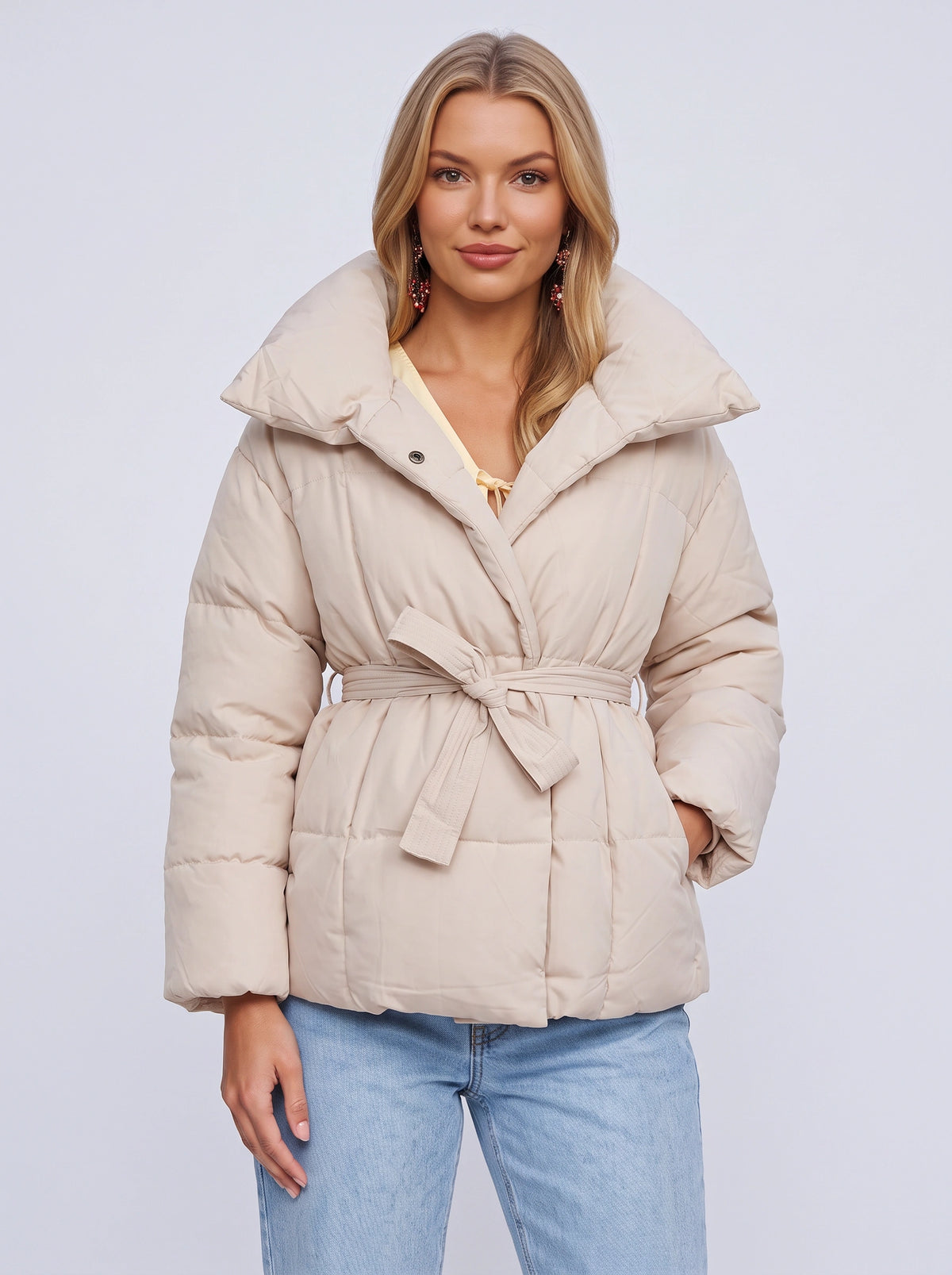 Pillshaw Pillow Collar Belted Puffer Jacket – Quilted Padded Coat Women Winter Casual Oversized Puffer Jacket