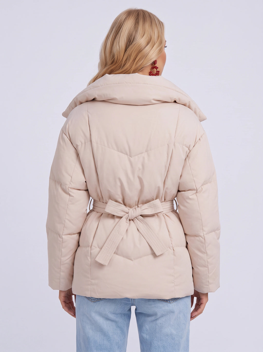 Pillshaw Pillow Collar Belted Puffer Jacket – Quilted Padded Coat Women Winter Casual Oversized Puffer Jacket