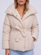 Pillshaw Pillow Collar Belted Puffer Jacket – Quilted Padded Coat Women Winter Casual Oversized Puffer Jacket