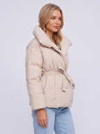 Pillshaw Pillow Collar Belted Puffer Jacket – Quilted Padded Coat Women Winter Casual Oversized Puffer Jacket