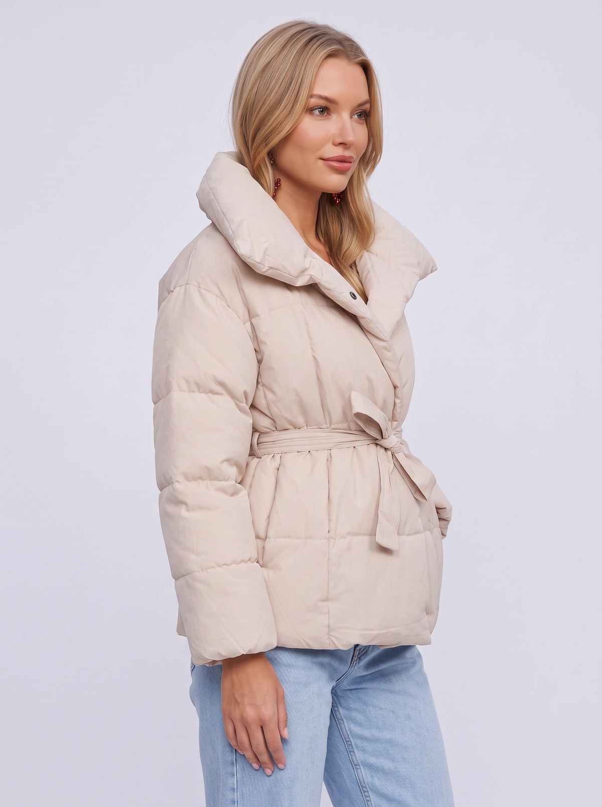 Pillshaw Pillow Collar Belted Puffer Jacket – Quilted Padded Coat Women Winter Casual Oversized Puffer Jacket