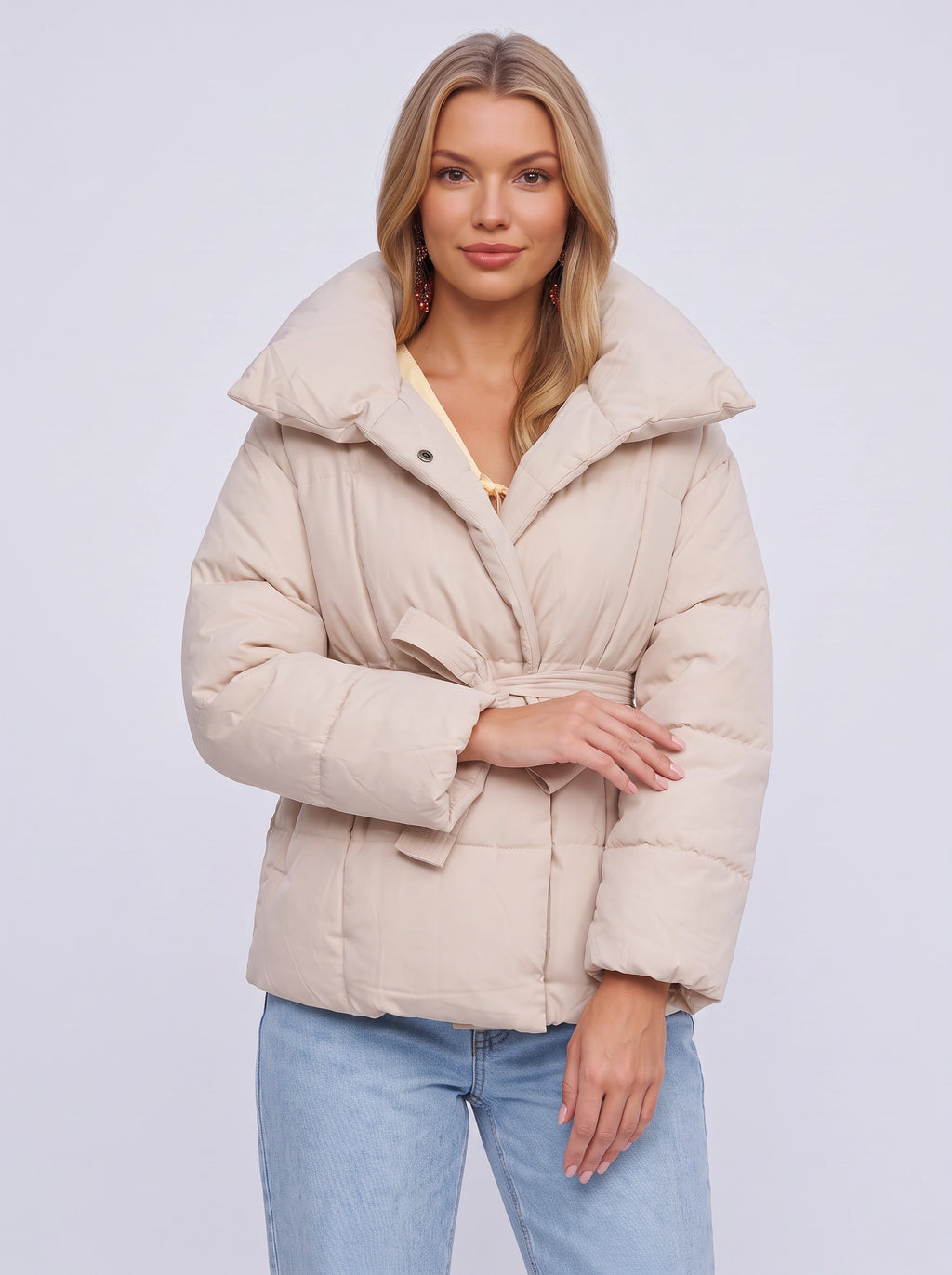 Pillshaw Pillow Collar Belted Puffer Jacket – Quilted Padded Coat Women Winter Casual Oversized Puffer Jacket