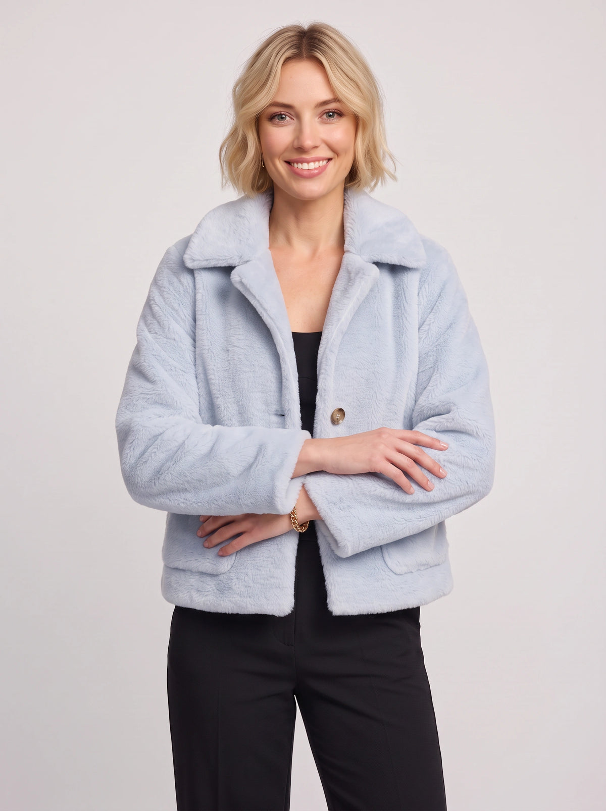 Notchela Faux Fur Crop Jacket – Teddy Bear Coat Women Winter Casual Oversized Button Front Jacket