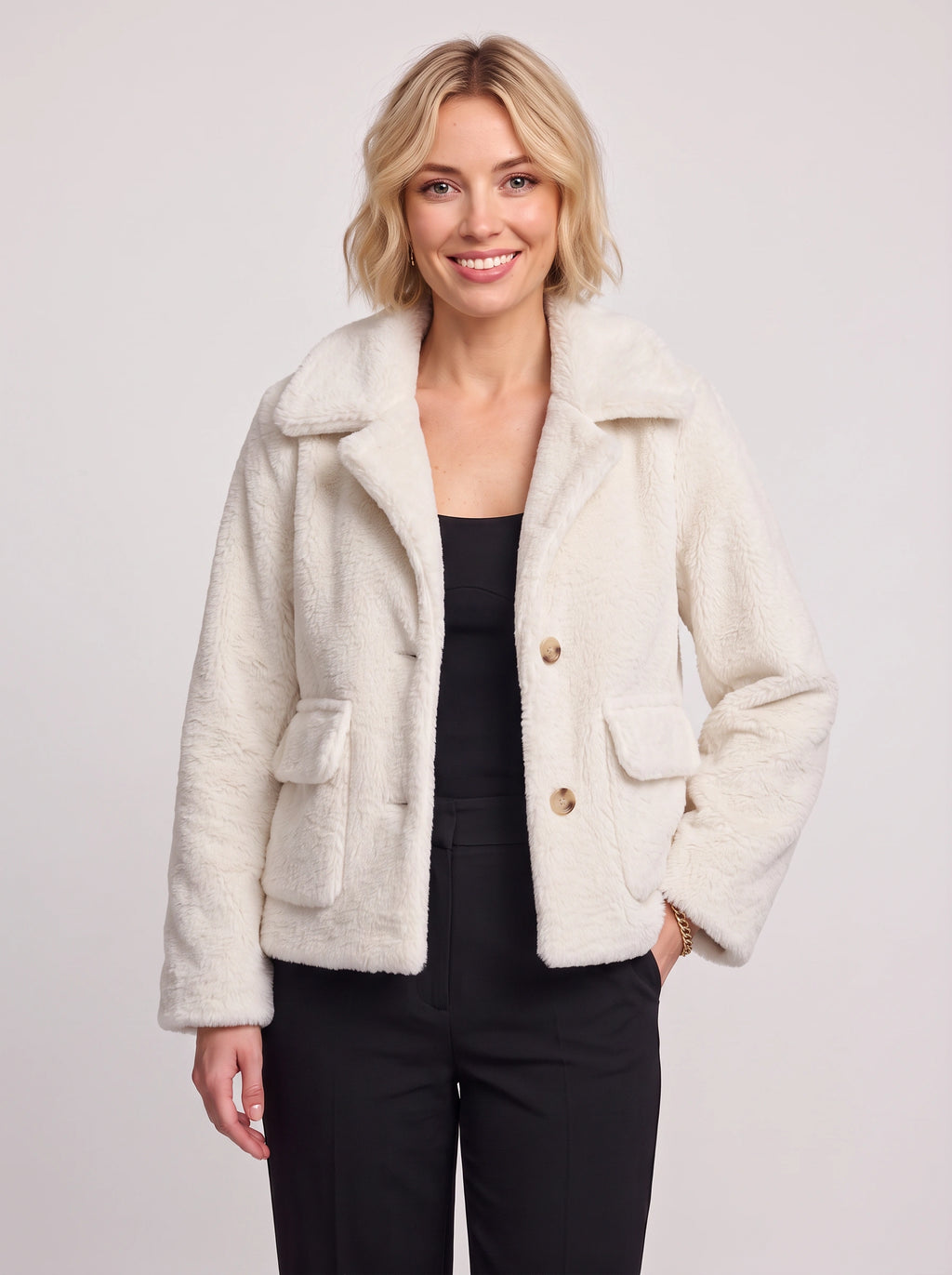 Notchela Faux Fur Crop Jacket – Teddy Bear Coat Women Winter Casual Oversized Button Front Jacket