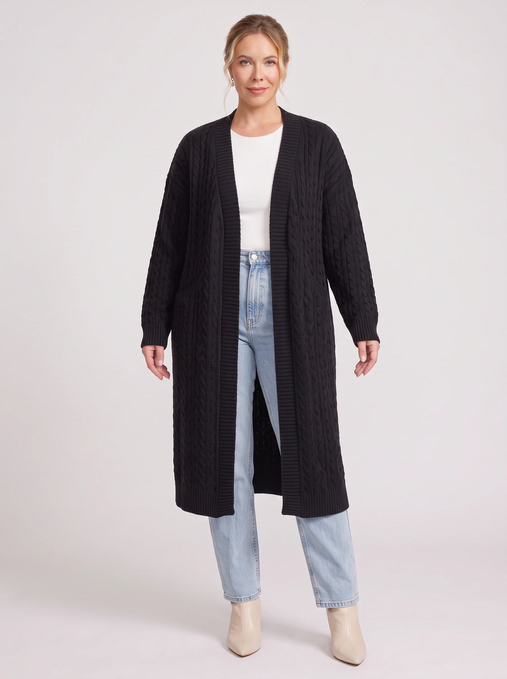 Cabnitte Cable Knit Longline Cardigan – Ribbed Knit Open Front Sleeveless Women Autumn Layering Gilet