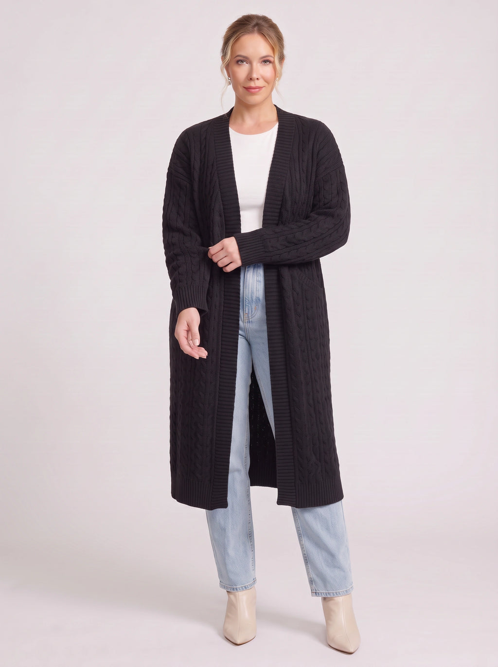 Cabnitte Cable Knit Longline Cardigan – Ribbed Knit Open Front Sleeveless Women Autumn Layering Gilet