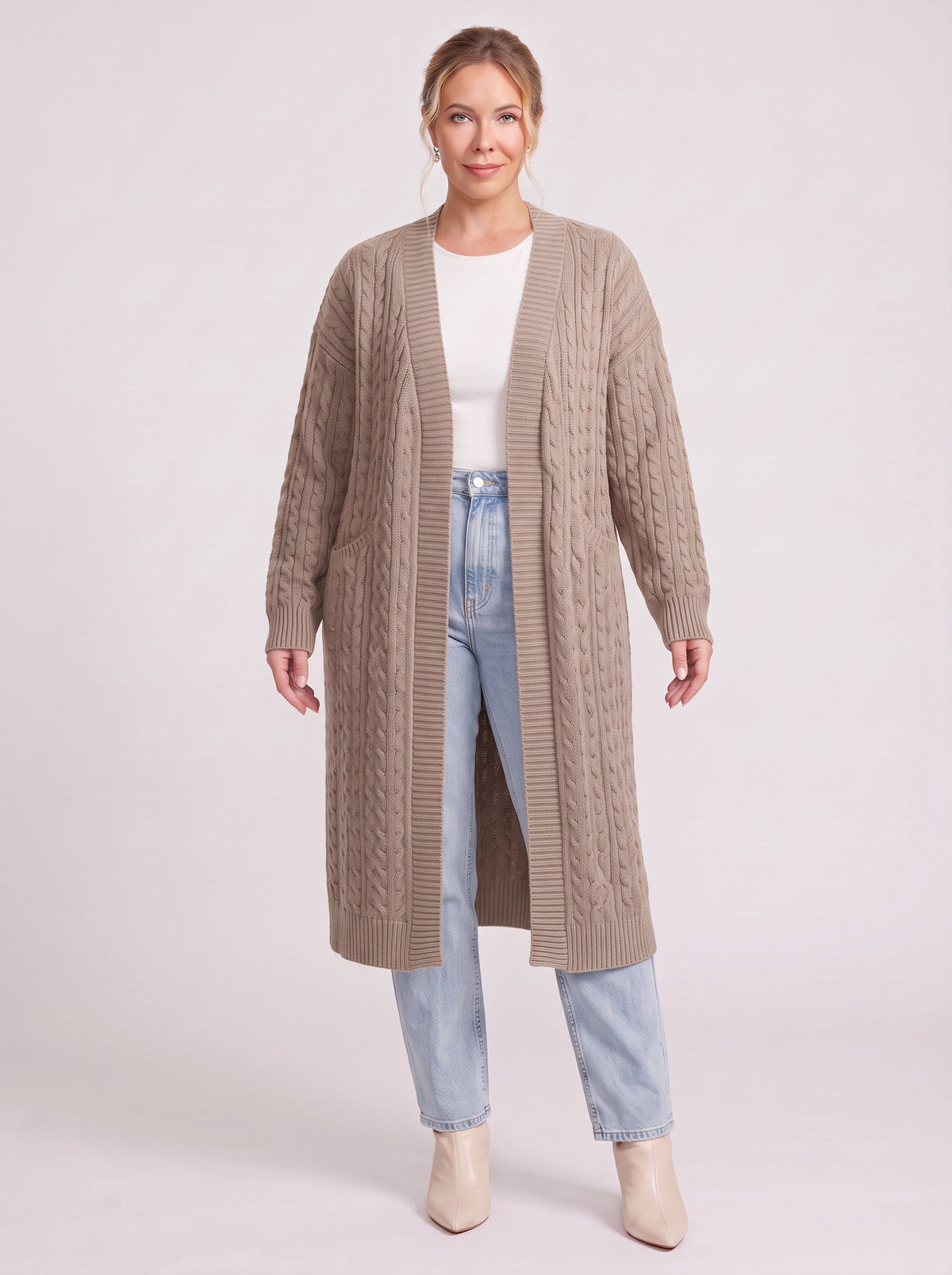 Cabnitte Cable Knit Longline Cardigan – Ribbed Knit Open Front Sleeveless Women Autumn Layering Gilet