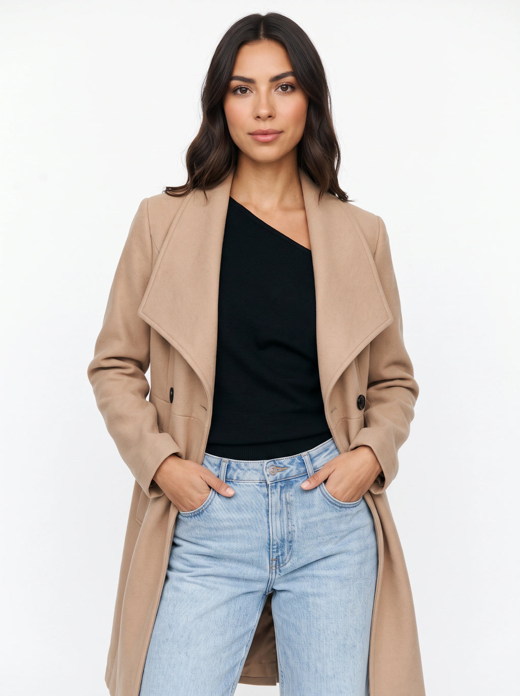 Shawdral Shawl Collar Midi Coat – Double Breasted Trench Women Formal Office Autumn Workwear Longline Coat