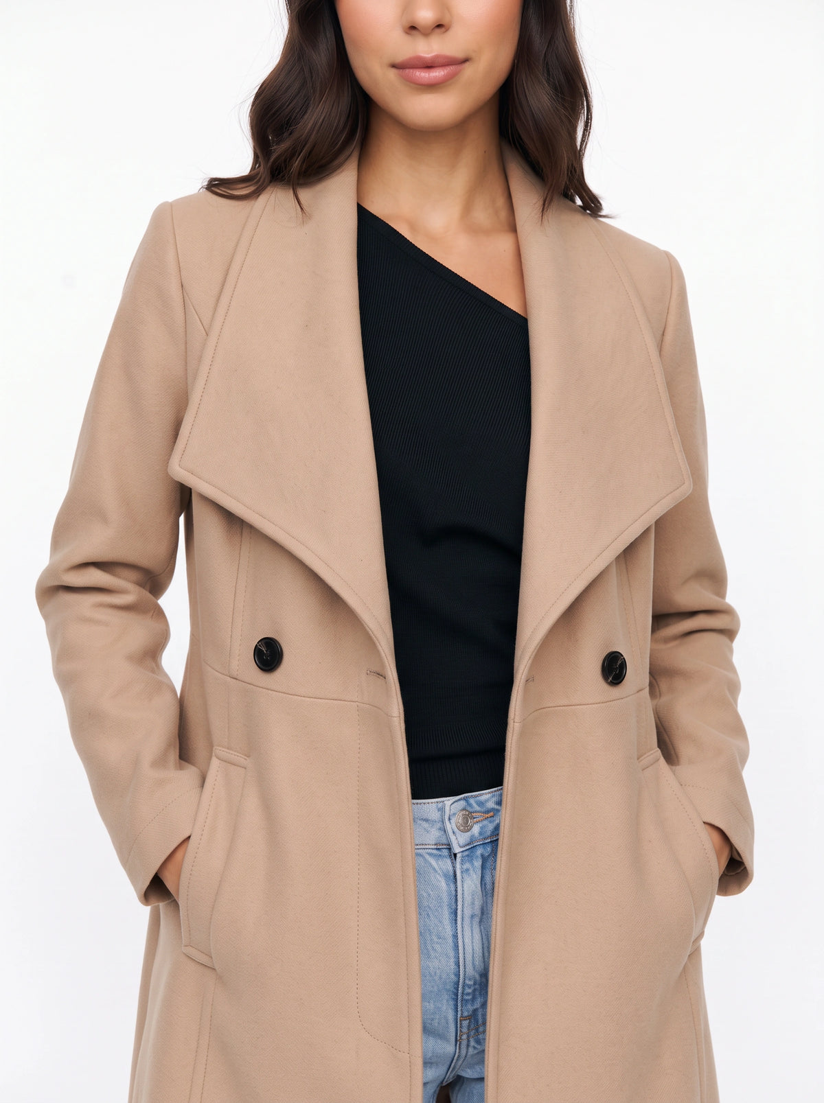 Shawdral Shawl Collar Midi Coat – Double Breasted Trench Women Formal Office Autumn Workwear Longline Coat