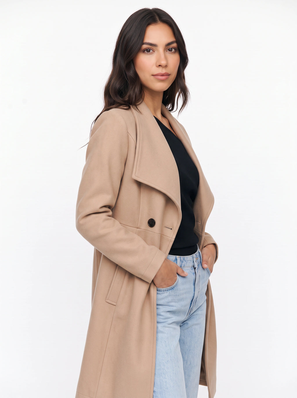 Shawdral Shawl Collar Midi Coat – Double Breasted Trench Women Formal Office Autumn Workwear Longline Coat