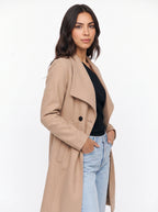 Shawdral Shawl Collar Midi Coat – Double Breasted Trench Women Formal Office Autumn Workwear Longline Coat