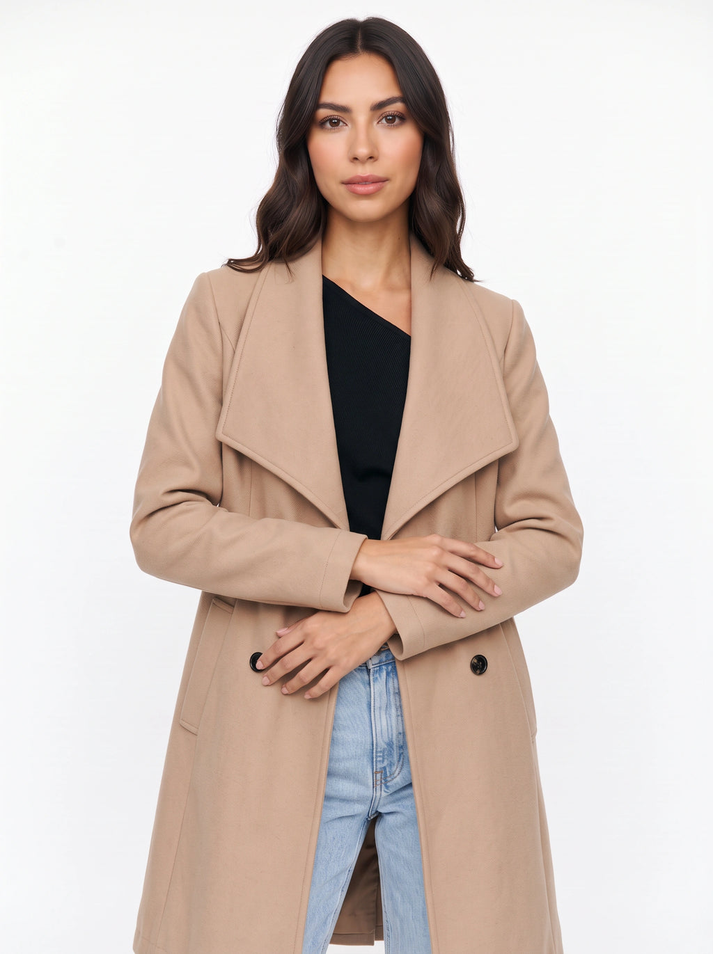 Shawdral Shawl Collar Midi Coat – Double Breasted Trench Women Formal Office Autumn Workwear Longline Coat