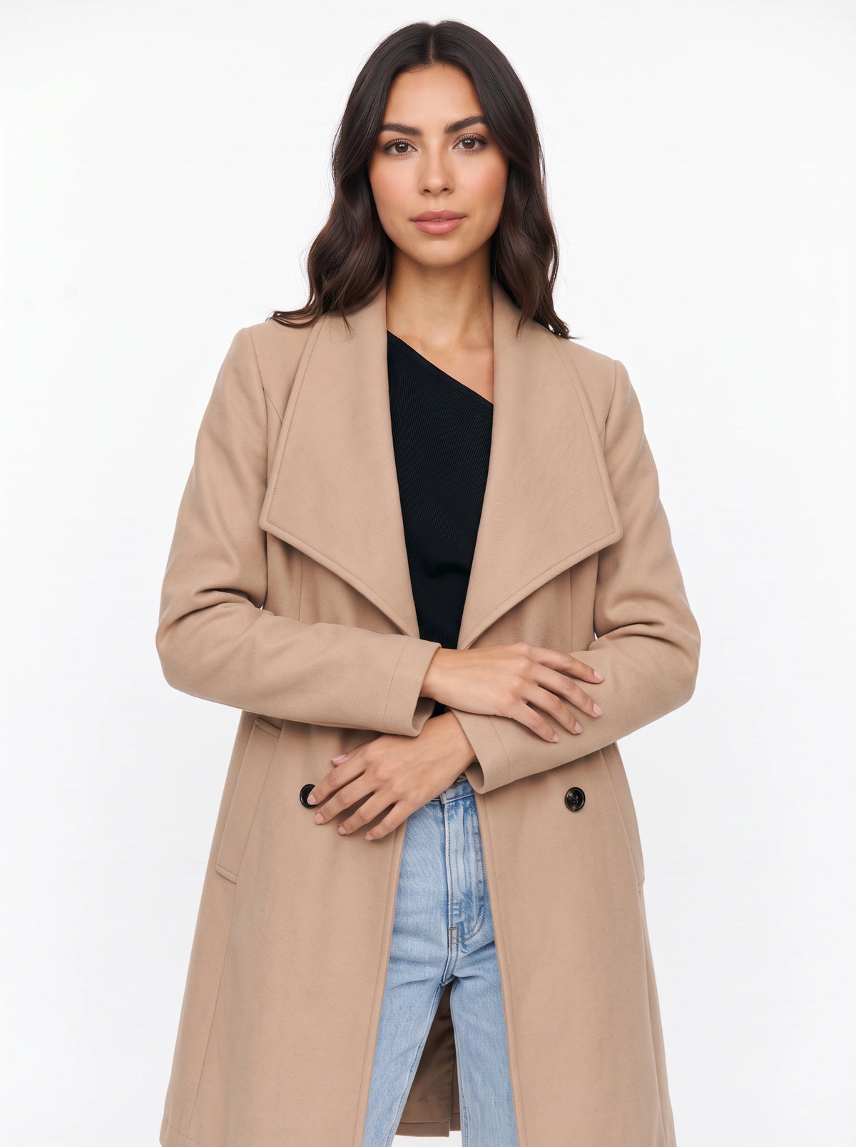 Shawdral Shawl Collar Midi Coat – Double Breasted Trench Women Formal Office Autumn Workwear Longline Coat