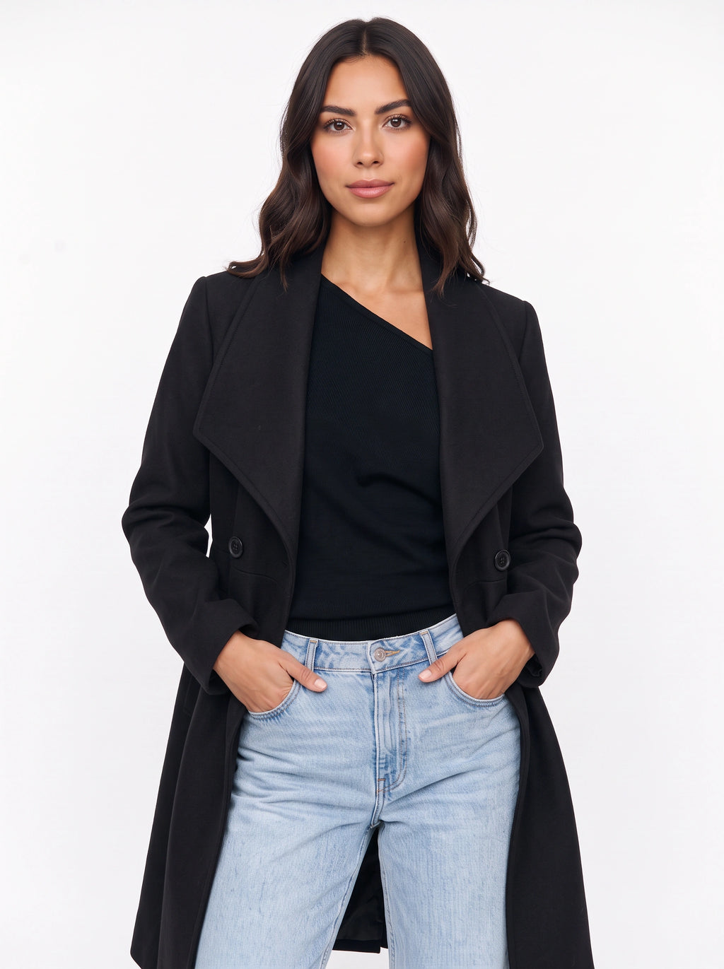 Shawdral Shawl Collar Midi Coat – Double Breasted Trench Women Formal Office Autumn Workwear Longline Coat