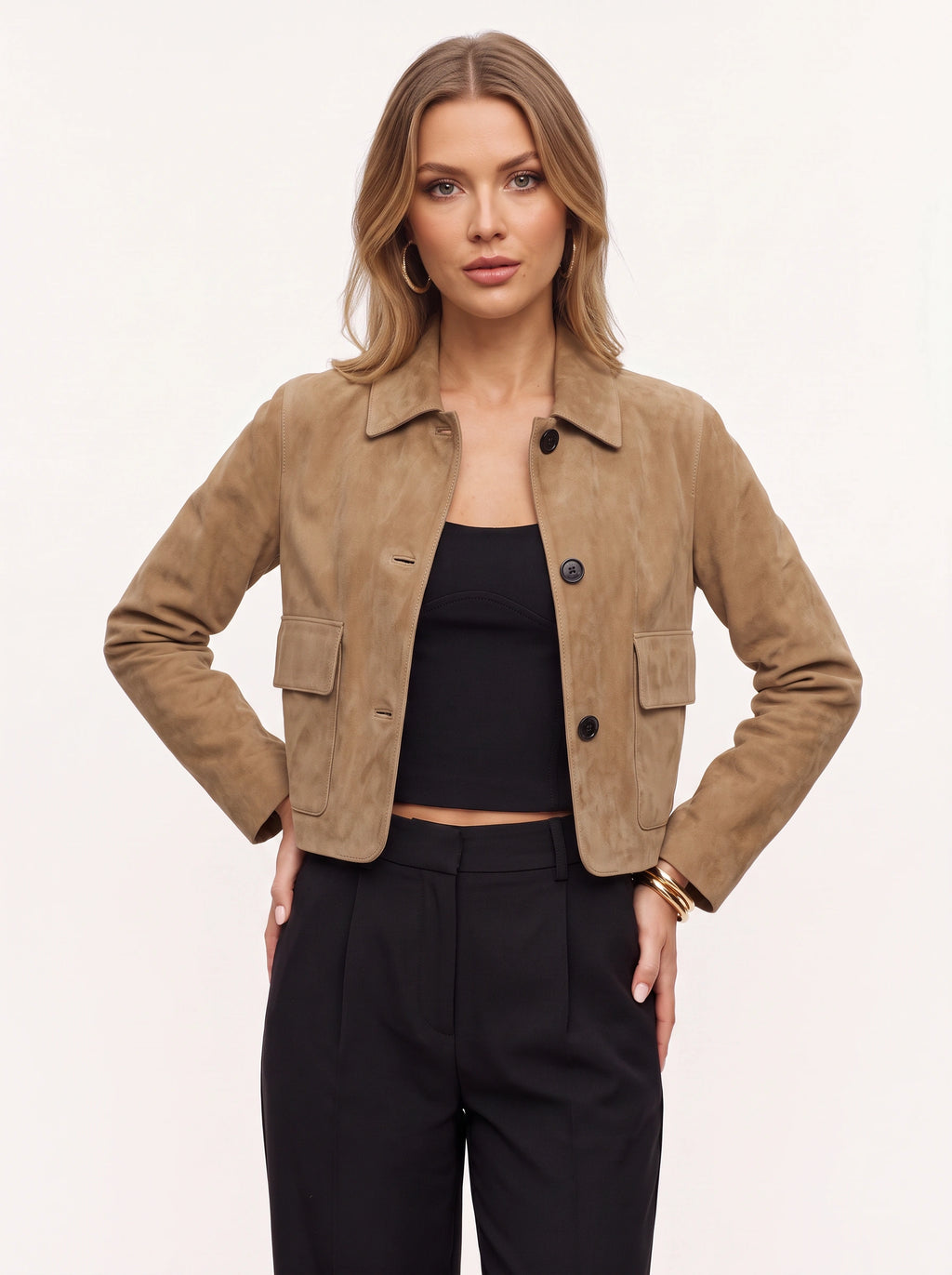 Patchelle Cropped Tailored Jacket – Suede Effect Women Blazer Smart Casual Office Workwear Jacket