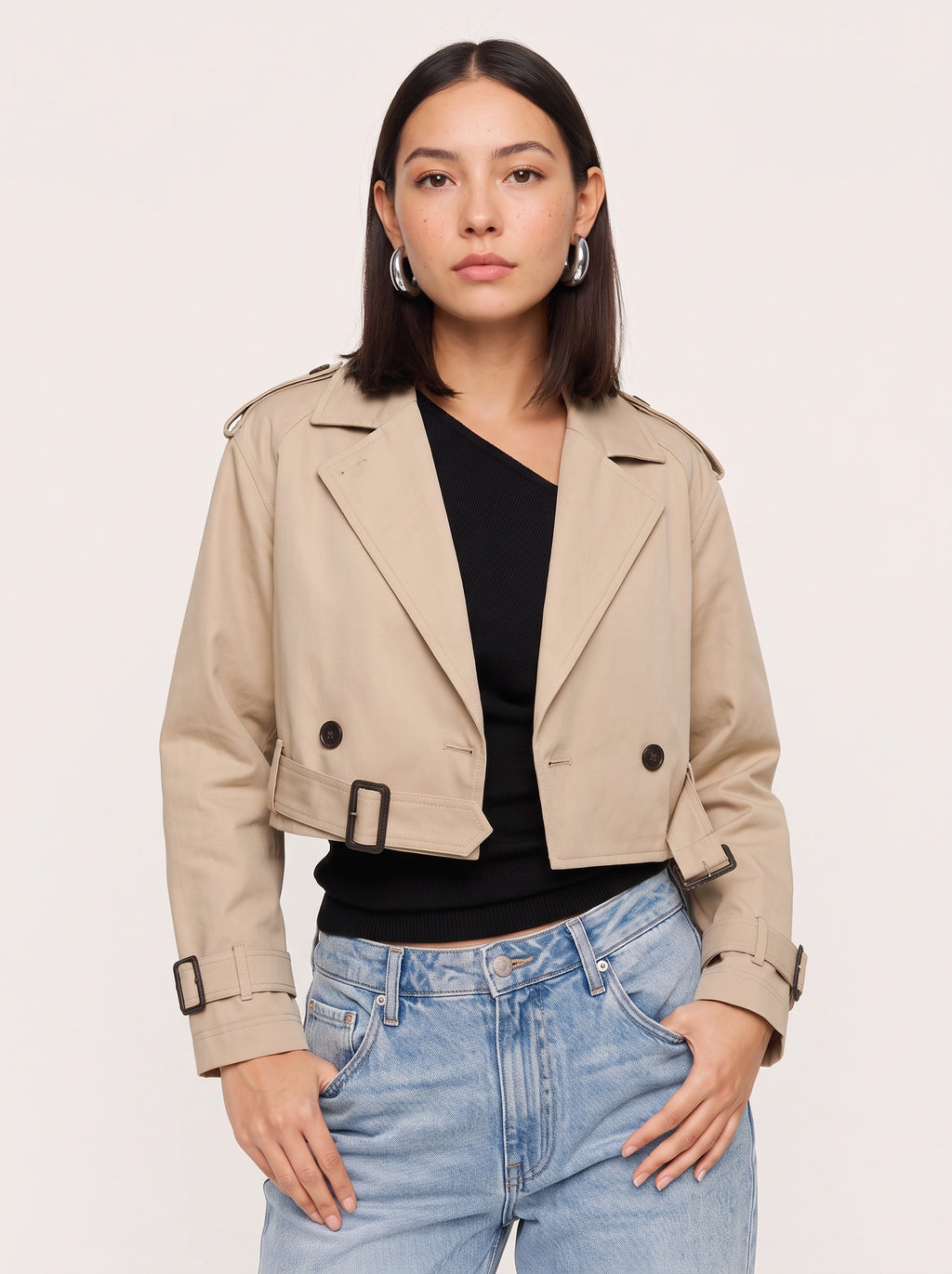Notchelle Belted Cropped Trench Jacket – Women Workwear Casual Office Autumn Smart Double-Breasted Trench