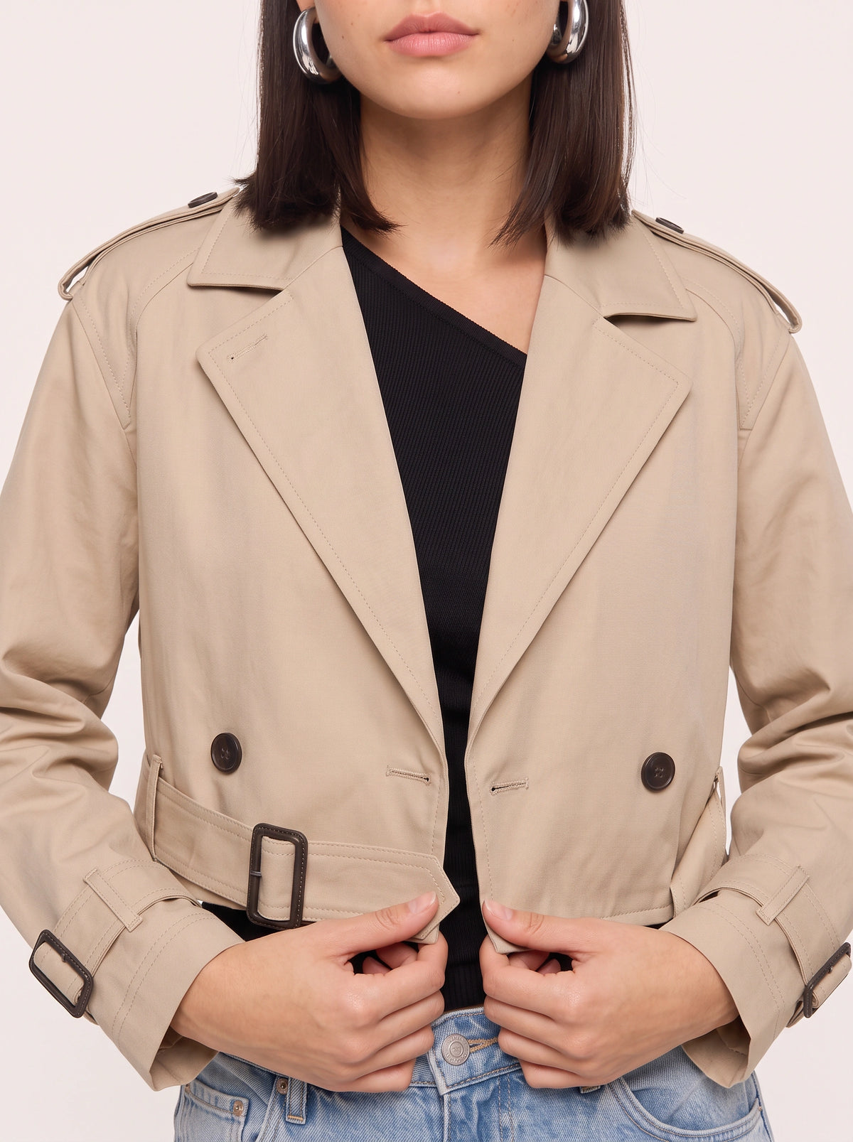 Notchelle Belted Cropped Trench Jacket – Women Workwear Casual Office Autumn Smart Double-Breasted Trench
