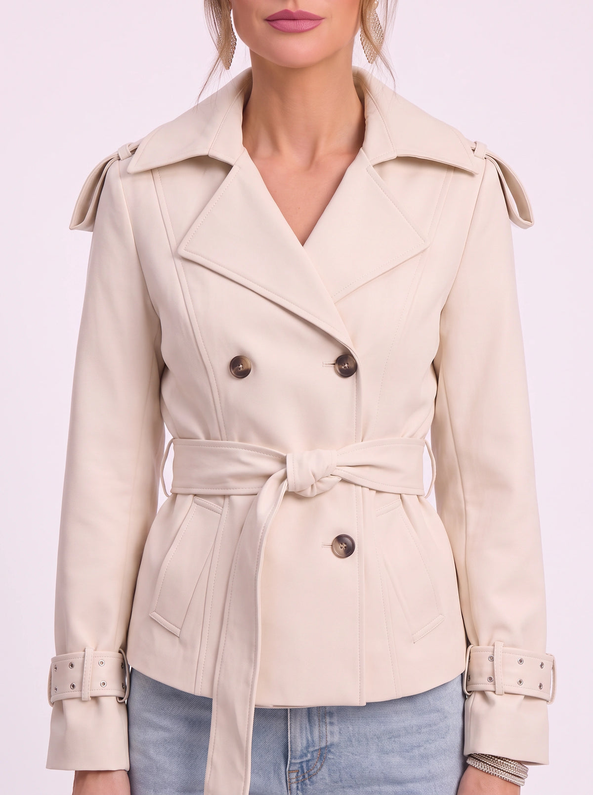 Epuletta Double-Breasted Trench Jacket – Women Belted Office Work Casual Tailored Blazer Coat