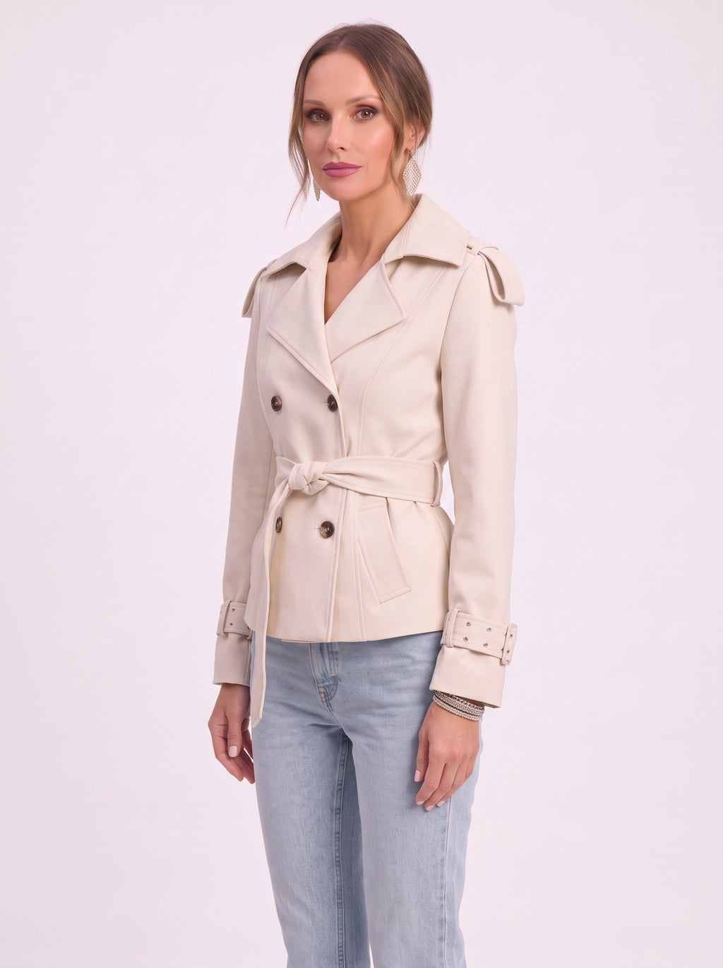 Epuletta Double-Breasted Trench Jacket – Women Belted Office Work Casual Tailored Blazer Coat