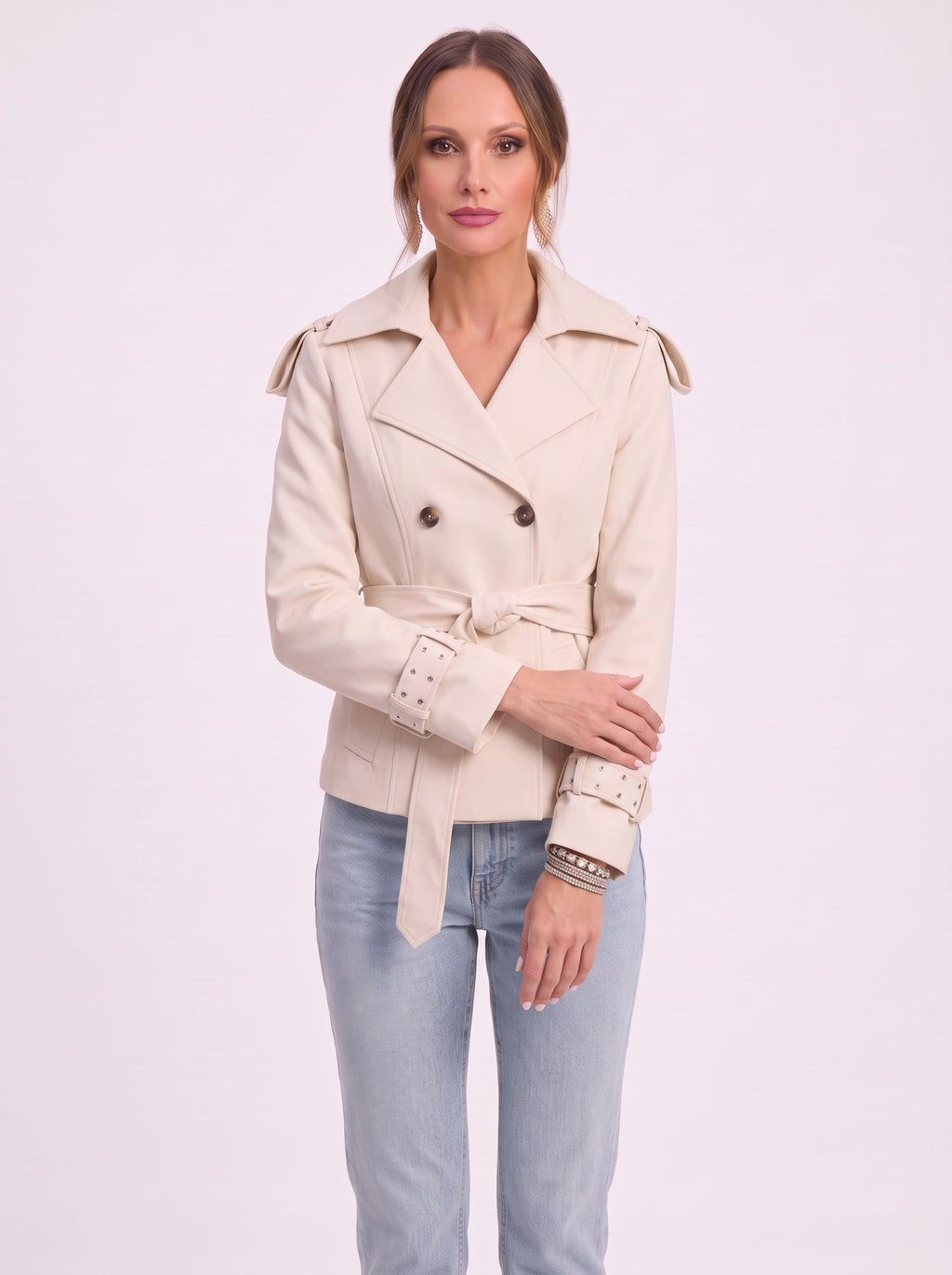 Epuletta Double-Breasted Trench Jacket – Women Belted Office Work Casual Tailored Blazer Coat