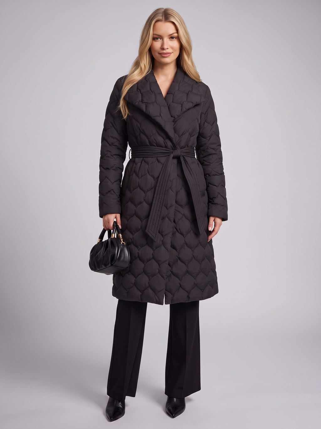 Scaltique Belted Shawl Collar Puffer Coat – Quilted Longline Puffer Coat Women Winter Belted Wrap Coat