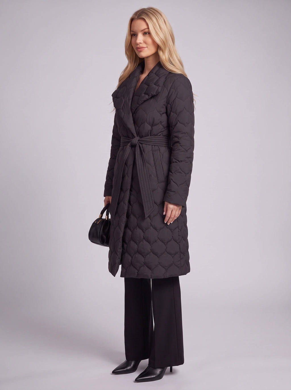 Scaltique Belted Shawl Collar Puffer Coat – Quilted Longline Puffer Coat Women Winter Belted Wrap Coat